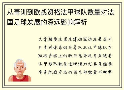 从青训到欧战资格法甲球队数量对法国足球发展的深远影响解析